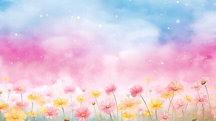 Canvas Print - Watercolor painting of meadow of colorful flowers against a pink and blue sky