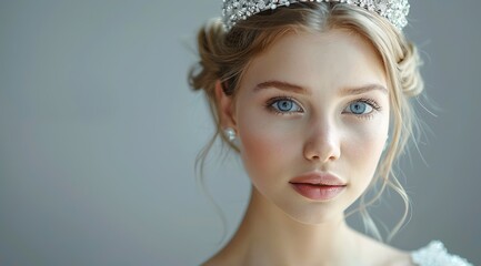 A beautiful young woman with blonde hair and blue eyes is dressed in an elegant tiara，with perfect makeup enhancing her features, giving an impression of timeless beauty
