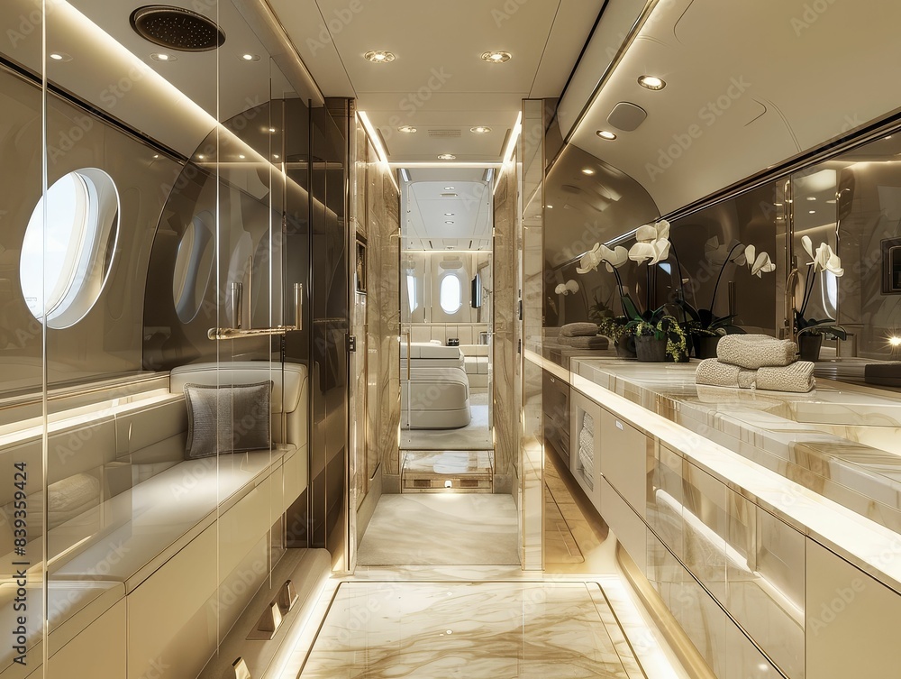 Inside a private jet's luxurious bathroom, featuring marble finishes ...
