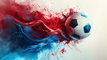 Wall Mural - Produce a highly realistic image featuring a soccer ball that appears to be flattened against a dynamic splash of red and blue colors, set against a pristine white background