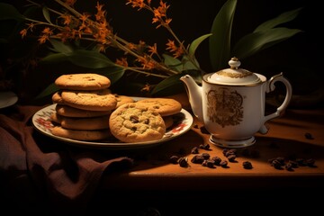 Aromatic Tea cookies on wooden board. Summer food in field nature. Generate Ai