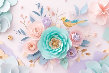Wall Mural - Flowers paper cut design. Beautiful spring paper cut flowers on soft color background. Valentine's Day, Birthday, Happy Woman Day, Mother's Day. Holiday poster and banner with flower papercut