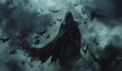 Wall Mural - A black cloaked figure made of smoke, with many flying bats in the background.