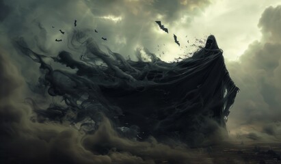 A black cloaked figure made of smoke, with many flying bats in the background.