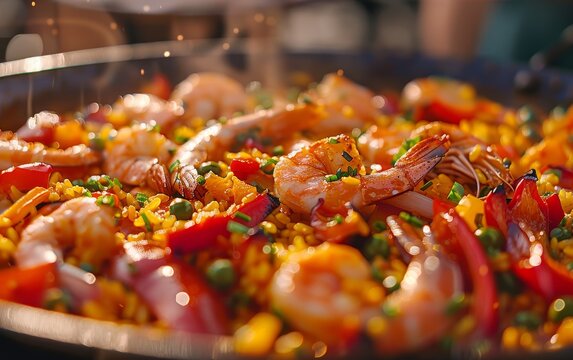 A close up view of a paella dish with shrimp, red peppers, green onions, and rice