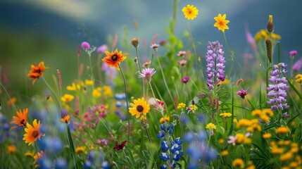 Wall Mural - vibrant wildflowers scattered across grassy meadow nature photography