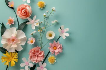 Wall Mural - Flowers paper cut design. Beautiful spring paper cut flowers on soft color background. Valentine's Day, Birthday, Happy Woman Day, Mother's Day. Holiday poster and banner with flower papercut