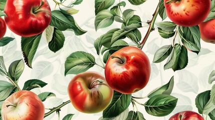 Wall Mural - vintage botanical 3d illustration of seamless apple and leaves pattern fruit background
