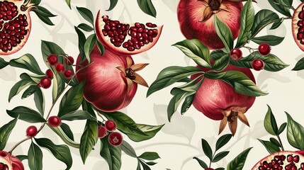 Wall Mural - vintage botanical illustration of pomegranate and leaves seamless fruit pattern background