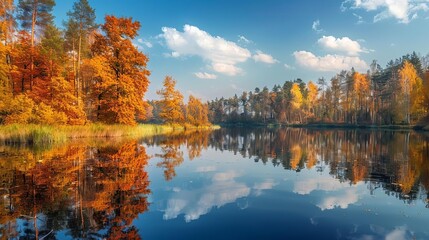 Poster - tranquil autumn lake reflecting vibrant fall foliage colors serene landscape scene