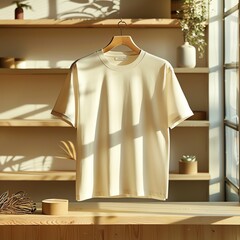 Highresolution image of creamcolored Tshirt mockup on store shelf, showcasing fabric texture and softness