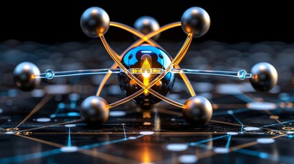 Fiction illustration of a group of atoms, nuclei and electrons in dynamic motion in subatomic matter for scientific journals on physics, chemistry and atomic science