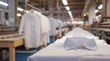 Wall Mural - A row of sewing machines are in a factory, with a row of white shirts being sewn