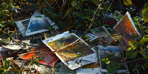 Wall Mural - The Ephemeral Fragments of Memory: A scattering of torn photographs and discarded Photos, half-hidden in overgrown weeds