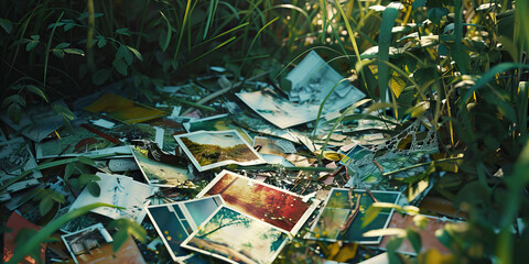 Wall Mural - The Ephemeral Fragments of Memory: A scattering of torn photographs and discarded Photos, half-hidden in overgrown weeds