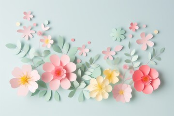 Wall Mural - Flowers paper cut design. Beautiful spring paper cut flowers on soft color background. Valentine's Day, Birthday, Happy Woman Day, Mother's Day. Holiday poster and banner with flower papercut