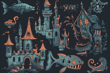 Wall Mural - Castle, monster, surreal images set, fantasy fairytale characters, scary mythology beasts, doodle fish dragons