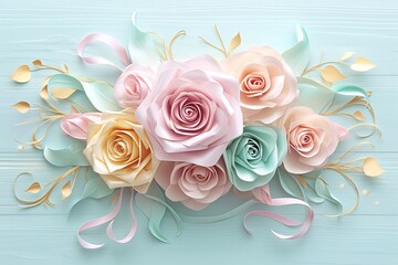 Wall Mural - Flowers paper cut design. Beautiful spring paper cut flowers on soft color background. Valentine's Day, Birthday, Happy Woman Day, Mother's Day. Holiday poster and banner with flower papercut