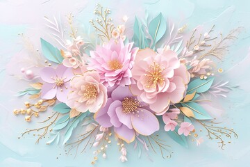 Wall Mural - Flowers paper cut design. Beautiful spring paper cut flowers on soft color background. Valentine's Day, Birthday, Happy Woman Day, Mother's Day. Holiday poster and banner with flower papercut