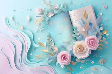 Wall Mural - Flowers paper cut design. Beautiful spring paper cut flowers on soft color background. Valentine's Day, Birthday, Happy Woman Day, Mother's Day. Holiday poster and banner with flower papercut