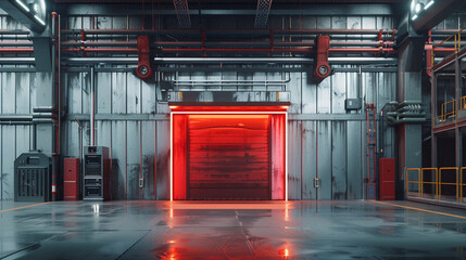 Futuristic underground hangar with a large red siren elevator door  detailed mechanical environment with industrial aesthetics and advanced technology