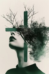 Wall Mural - Portrait of a girl with a cross and tree branches on her head. Double exposure.  Vintage poster style photography.