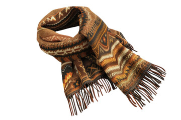 A brown and tan scarf with a fringe, 3d render, clipart, isolated on a transparent background.