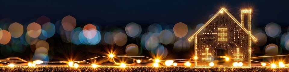 Sticker - A house is lit up with lights and is surrounded by a blurry background