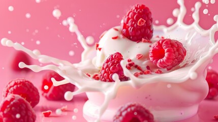 Wall Mural - Delicious Yogurt Splash with Fresh Raspberries Against Bright Pink Background - Perfect for Food Advertising