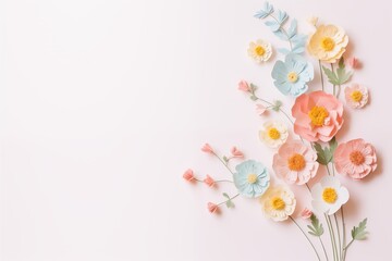 Wall Mural - Flowers paper cut design. Beautiful spring paper cut flowers on soft color background. Valentine's Day, Birthday, Happy Woman Day, Mother's Day. Holiday poster and banner with flower papercut
