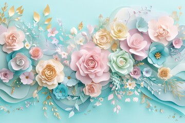 Wall Mural - Flowers paper cut design. Beautiful spring paper cut flowers on soft color background. Valentine's Day, Birthday, Happy Woman Day, Mother's Day. Holiday poster and banner with flower papercut
