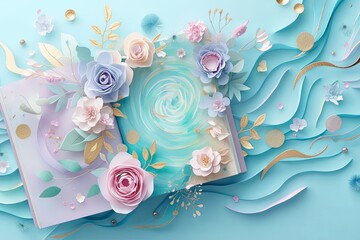 Wall Mural - Flowers paper cut design. Beautiful spring paper cut flowers on soft color background. Valentine's Day, Birthday, Happy Woman Day, Mother's Day. Holiday poster and banner with flower papercut