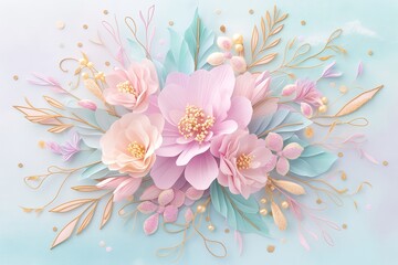 Wall Mural - Flowers paper cut design. Beautiful spring paper cut flowers on soft color background. Valentine's Day, Birthday, Happy Woman Day, Mother's Day. Holiday poster and banner with flower papercut