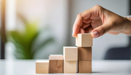 woman's hand places blank blocks in a row on a white surface, with a blurred background of a home, office, or studio. The scene evokes themes of planning, organization, and creativity