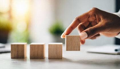 woman's hand places blank blocks in a row on a white surface, with a blurred background of a home, office, or studio. The scene evokes themes of planning, organization, and creativity