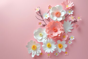 Wall Mural - Flowers paper cut design. Beautiful spring paper cut flowers on soft color background. Valentine's Day, Birthday, Happy Woman Day, Mother's Day. Holiday poster and banner with flower papercut