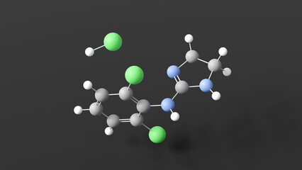 Wall Mural - clonidine hydrochloride molecular structure, hydrochloride salt form of clonidine, ball and stick 3d model, structural chemical formula with colored atoms