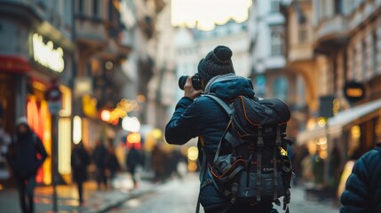 a solo traveler, showcasing photography gear in a setting of a photogenic city location, emphasizing creativity and the art of capturing travel moments. 