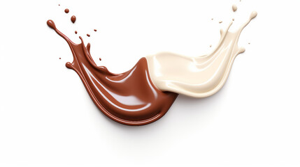 Wall Mural - Creamy Milk and Chocolate Splashing Isolated on White Background - 3D Rendering with Clipping Path. Stock Illustration of Delicious Dessert Concept.