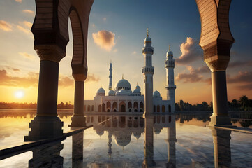 Mosque with sunset background for eid fitri celebration