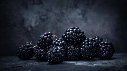 Wall Mural - A pile of fresh blackberries placed on a dark textured surface, highlighting their rich color and intricate details. Perfect for food-themed projects.