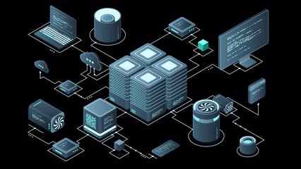 Wall Mural - isometric computer technology animation. computation of big data center. cloud computing. online dev