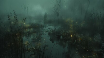 Wall Mural - Eerie Nighttime Marsh with Luminescent Creatures - Perfect for Halloween Designs, Posters, and Prints