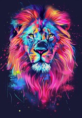 Wall Mural - Stunning pop art portrait of a lion walking forward on dark blue background with neon colors and watercolor splashes.