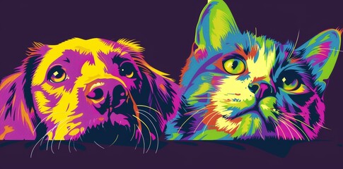 An abstract, multicolored, neon portrait of a dog and cat on a dark violet background. Digital modern graphics. Separated background.