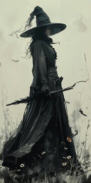 witch black dress hat sword field sephiroth stunningly feather adorned samurai warrior crows spellcasting