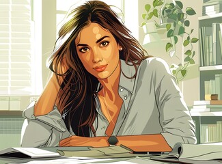 An illustration of a beautiful woman sitting at a desk and looking at the camera.