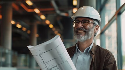 A construction site inspector examines the site with a helmet on and papers at hand