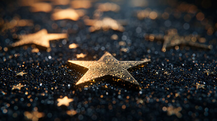 A close up of a star field with gold stars. The stars are arranged in a pattern and appear to be shining brightly. 
