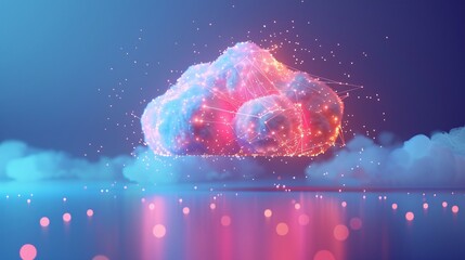 A futuristic representation of cloud computing with a glowing digital cloud against a vibrant blue and pink background, symbolizing technology. 3D Illustration.